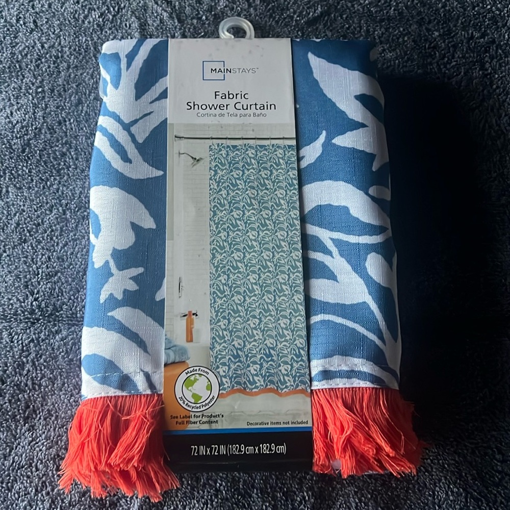 Mainstays Woodcut Floral Blue/White W)Orange Fringe Fabric Shower Curtain 72x72